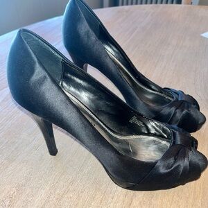 White House black market, peep toe  4” heels, black satin, size 9.5